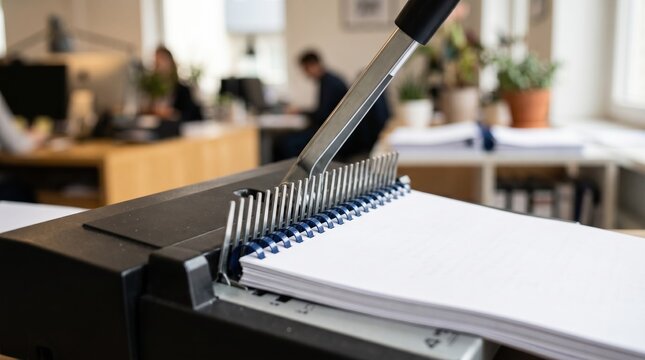 Closeup on a comb binding machine at work binding documents with a blurred office background emphasizing temporary document finishing rental services.