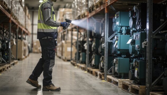 Employee using handheld RFID scanner to check tagged generator units along warehouse aisles with the scanning process crisply in focus.