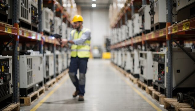 Worker walking through equipment storage aisles scanning RFID tags on generators with the scanning device and generator tags in clear focus.