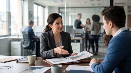 Obraz premium Medium shot showing a legal advisor explaining varying royalty terms tied to sustainability performance tiers with office colleagues in soft focus behind.