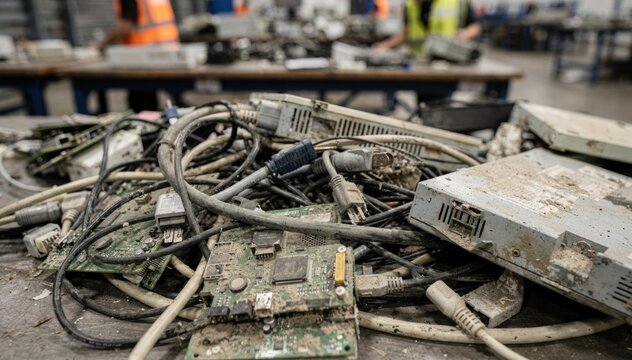 Focused shot of cables tangled among old devices laid out for dismantling with a softly blurred backdrop of sorting tables and recycling staff.