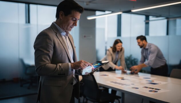 Focused medium shot of a professional tapping on a tablet with waveform analytics as colleagues blurred behind strategize budget splits for terrestrial audio.
