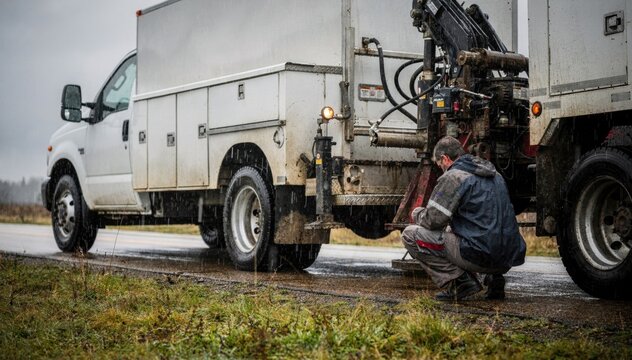 Service truck parked roadside during light rain as mechanic checks hydraulic system on rented equipment focus on truck and mechanic rain drops softly out of focus.