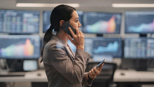 Staff member holding a phone to ear validating creditor information amid a background of blurred monitors displaying data flows.