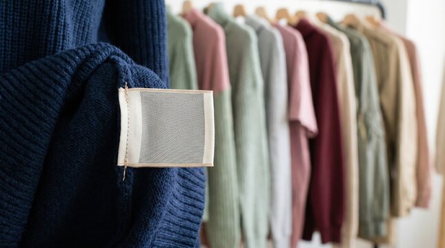Medium shot of cobranded apparel tags sewn into fabric emphasizing multiple brand partnership with softfocused colorful clothing racks behind.