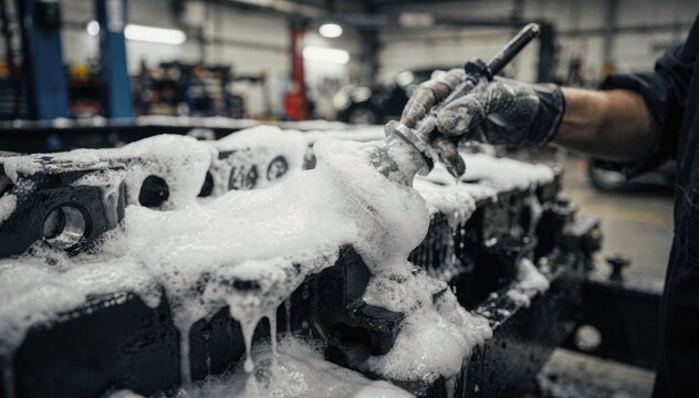 Technician applying degreasing foam to heavy equipment in an automotive repair shop focused equipment surface contrasting with a blurred workshop.