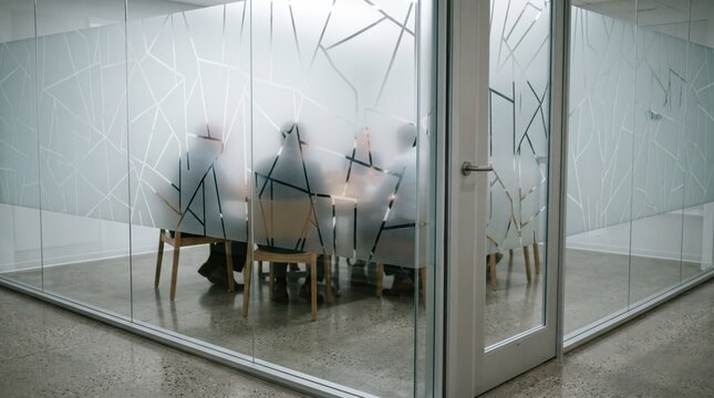 Closeup on midsize meeting space with fullheight frosted glass walls highlighting privacy features and minimalist design elements in corporate environments.
