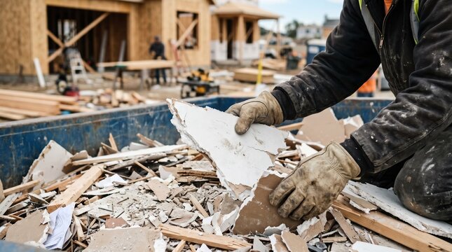 Focused closeup on hands sorting drywall pieces for disposal during suburban tract home build with blurred site elements lending depth.