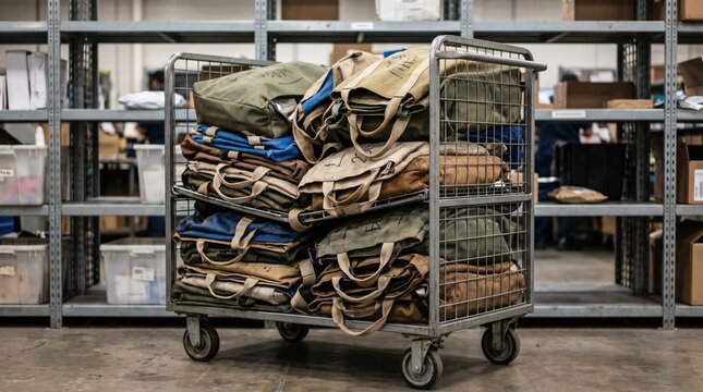 Closeup medium view of a metal cart loaded with organized mail bags the cart clearly detailed against an outoffocus multishelf rack behind.