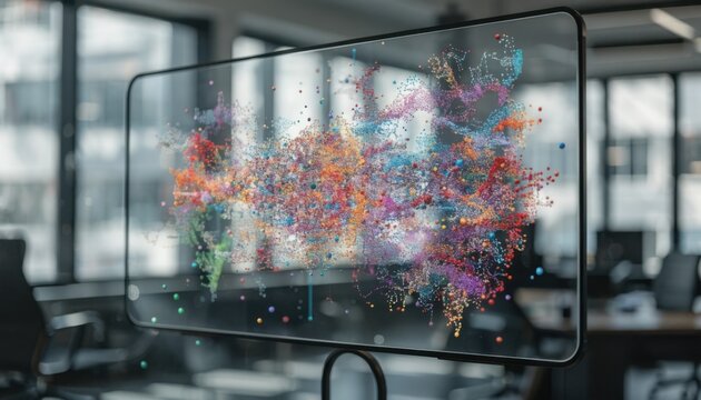 Clear medium shot of a digital visualization screen displaying a colorful immutable transaction log crisp and detailed contrasted against a softly blurred office setting.