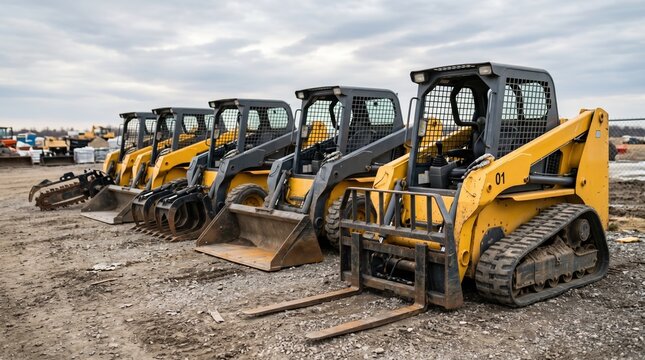 Skid steer loaders lineup showing diverse attachments including forks with the front loader sharply defined against a subtle cloudy background.