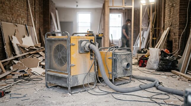 Medium shot showcasing dust control air scrubbers amid renovation debris with the chaotic workspace softly blurred to highlight the equipments clarity.