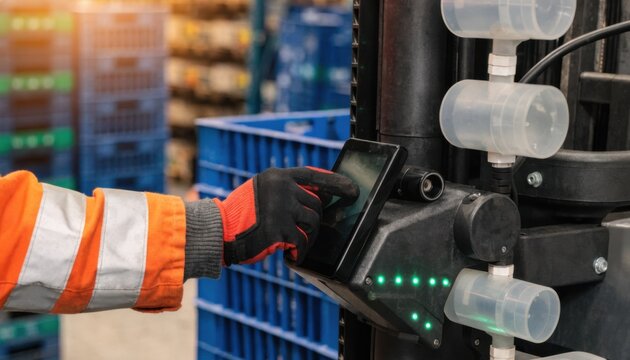 Detailed medium shot of a forklift operators hand interacting with a touch screen highlighting sensor inputs measuring load weight and operation time for dynamic rental fee