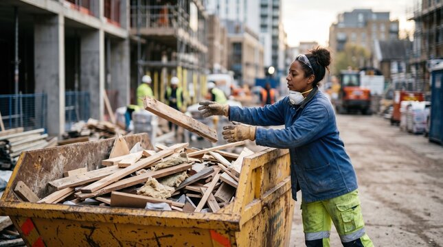 Medium shot of worker loading lumber scraps into dumpster on busy urban infill construction site background blurred to highlight focused debris removal activity.