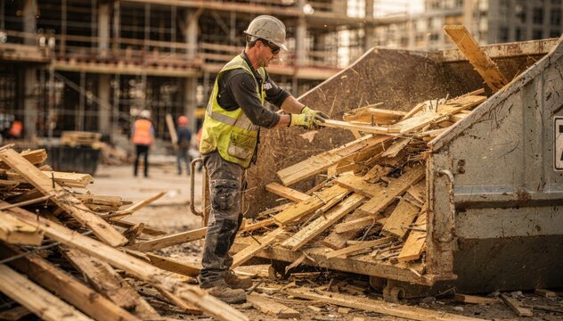Medium shot of worker loading lumber scraps into dumpster on busy urban infill construction site background blurred to highlight focused debris removal activity.
