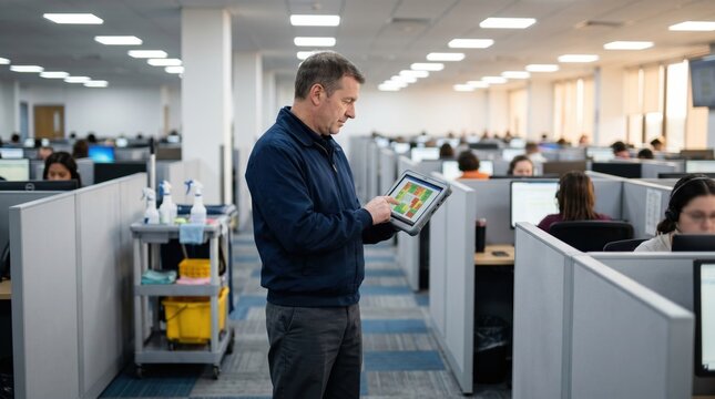 Medium shot of a janitor in a call center corridor viewing realtime occupancy data on a handheld device with softly blurred cubicles and operators surrounding to show optimized