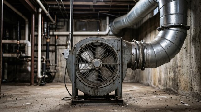 Medium shot of a large industrial fan with attached ducting in a basement setting the background of pipes and concrete softly out of focus to emphasize airflow control.
