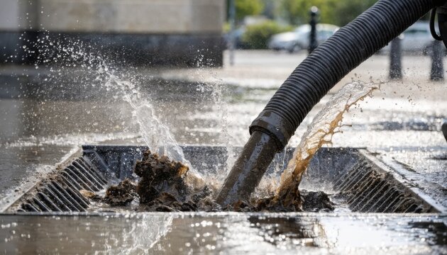Closeup medium shot of heavyduty vacuum hose extracting silt from a catch basin emphasizing the textured debris with softfocus urban surroundings.