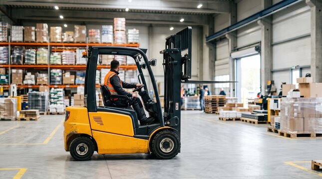 Electric forklift in a welllit warehouse medium shot with the main machine in sharp detail and a softly blurred loading area behind.