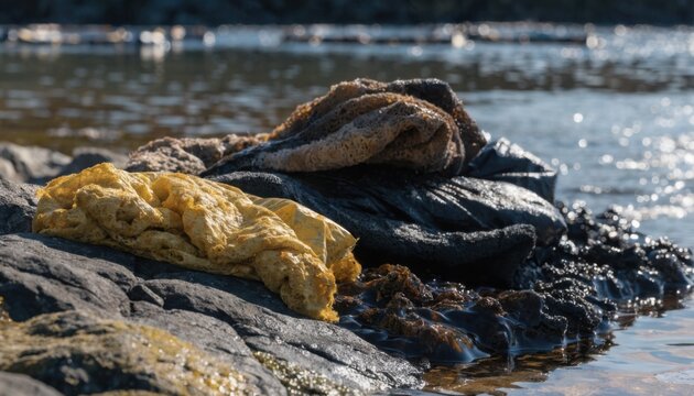 Sharp capture of absorbent pads absorbing thick oil near marsh edges with blurred muddy water and indistinct booms creating depth behind.