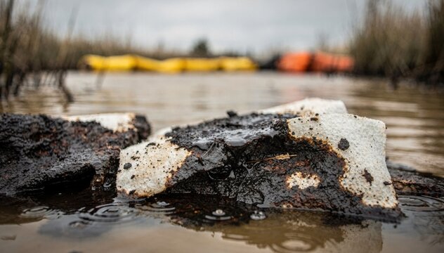 Sharp capture of absorbent pads absorbing thick oil near marsh edges with blurred muddy water and indistinct booms creating depth behind.