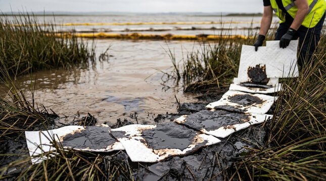 Sharp capture of absorbent pads absorbing thick oil near marsh edges with blurred muddy water and indistinct booms creating depth behind.