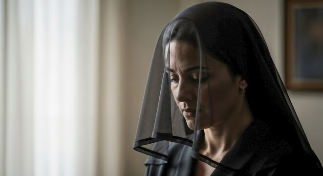 Widow in mourning with black veil, showing deep emotions and reflection in soft-lit room. Mourning attire features a delicate veil and somber colors, creating a poignant atmosphere.