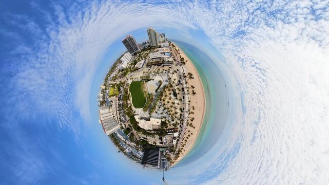 Aerial tiny planet Fort Lauderdale Beach over Las Olas Oceanside Park