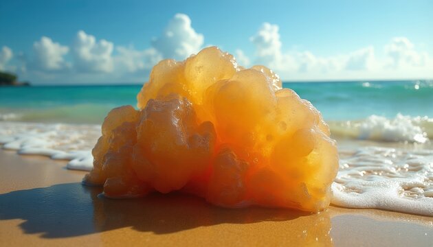 Unique ambergris lump rests on wet sand near turquoise ocean waves. Sunny beach scene shows natural treasure discovered near shoreline during daytime. Blue sky and clouds background.
