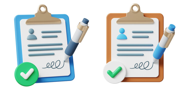 3D illustration of a medical consent form on clipboard with a pen and check mark. Patient permission, legal agreement, healthcare documentation and approval concept isolated on transparent background