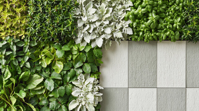 Top view of modern fiber cement cladding panels in neutral grey tones adjacent to a lush vertical garden wall with various green plants and herbs