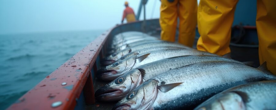 Freshly caught fish lie in rows on fishing boat deck. Fishermen in yellow gear stand by catch at sea during hazy morning. Seafood haul from ocean.