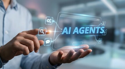 Obraz premium A person interacting with the words AI AGENTS for the concept of Futuristic Innovation and Technology.