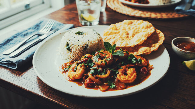 A bowl of shrimp curry accompanied by fluffy rice and crispy poppadoms, presented on a wooden table