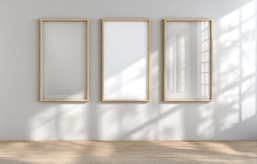Fototapeta premium Three blank picture frames hanging on a white wall with natural light casting shadows.