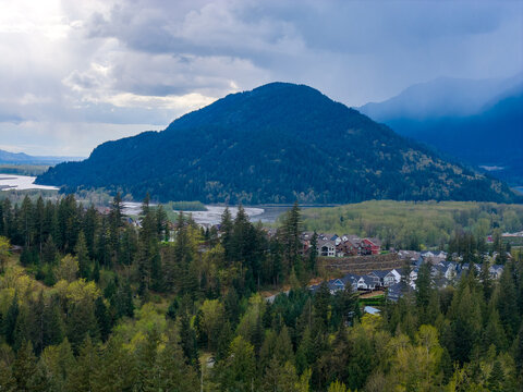 Mountain River and Forest Overlooking Harrison Mills Community in Fraser Valley, British Columbia, Canada