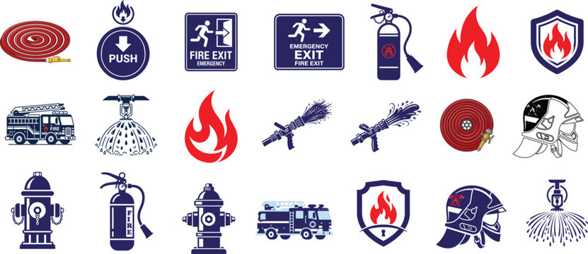 Set of fire safety and emergency equipment icons with fire extinguisher fire truck sprinkler helmet hydrant and exit signs for building protection
