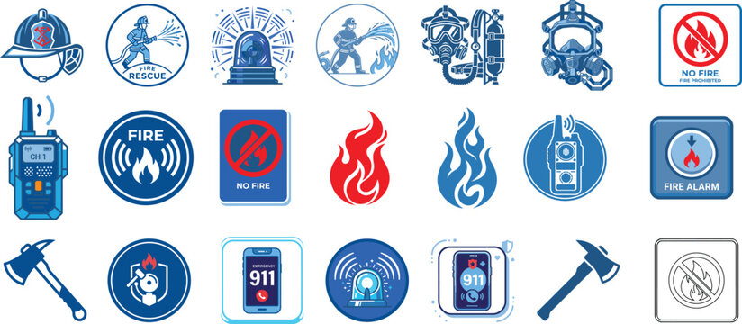 Set of firefighter icons including helmet fire extinguisher flame axe radio and emergency rescue equipment for professional safety signs and symbols