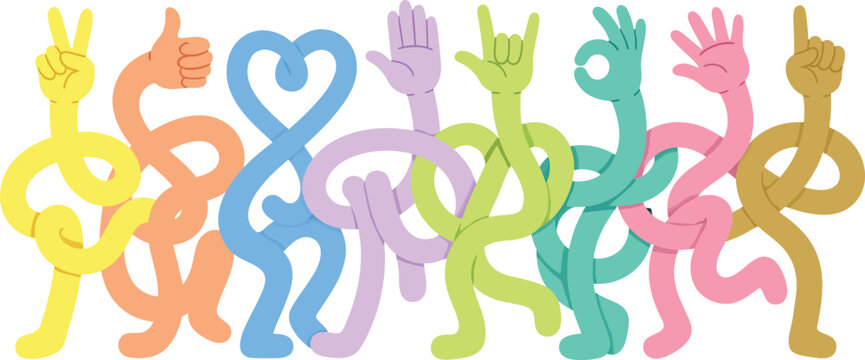 Colorful cartoon stick figure characters with various hand gestures and fun poses standing in a row on a solid dark background for design projects