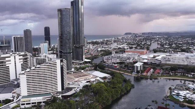 South of the Gold Coast Surfers paradise city in Australia from Nerang river aerial view.