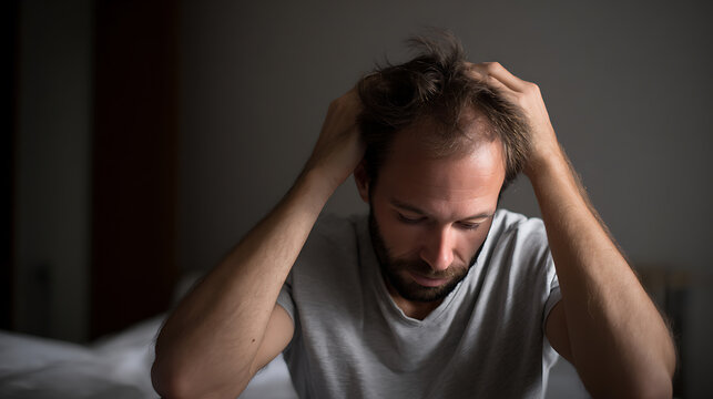 A young man sits indoors, head in hands, displaying feelings of distress, worry, despair, anxiety, or mental health struggle in a dimly lit setting