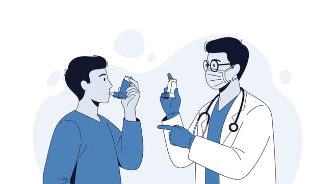 Doctor advises patient on asthma inhaler use, respiratory health consultation