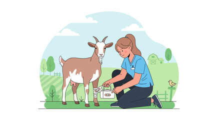 Fototapeta premium Veterinarian Tends to Injured Goat in Rural Field, Farm Animal Care Illustration