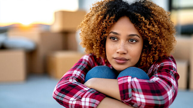 Young black woman sitting with knees pulled up, looking thoughtful indoors  