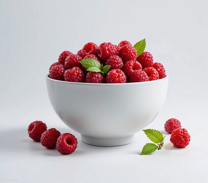 White ceramic bowl filled with fresh red raspberries and mint leaves on white background.