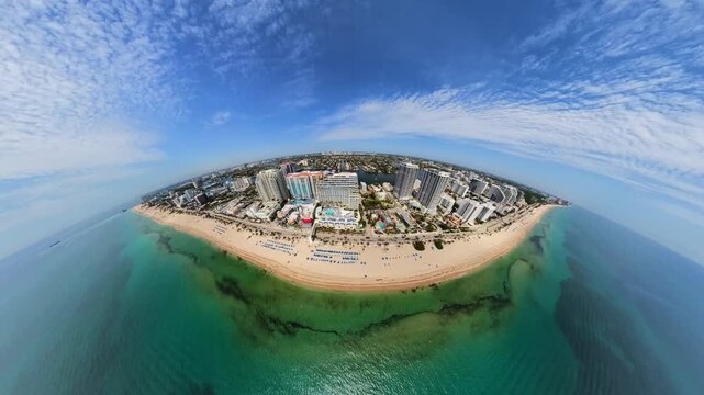 Aerial droen fisheye view of Fort Lauderdale Beach Florida
