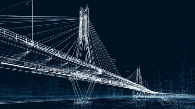 Wireframe Bridge Structure With Cables And Towers At Night For Architecture And Engineering Concepts
