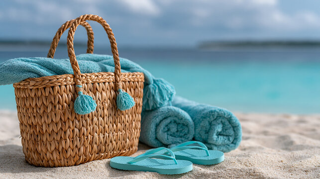 Woven beach bag with turquoise towels and flip flops on sand  