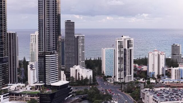 Mid close aerial panorama of Gold Coast Broadbeach Surfers paradise high-rises.