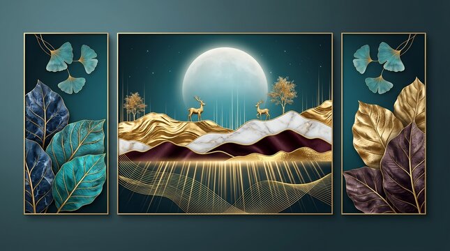 Triptych Digital Illustration of Golden Deer and Marbled Peaks Under a Luminous Full Moon with Gilded Botanical Leaf Accents
